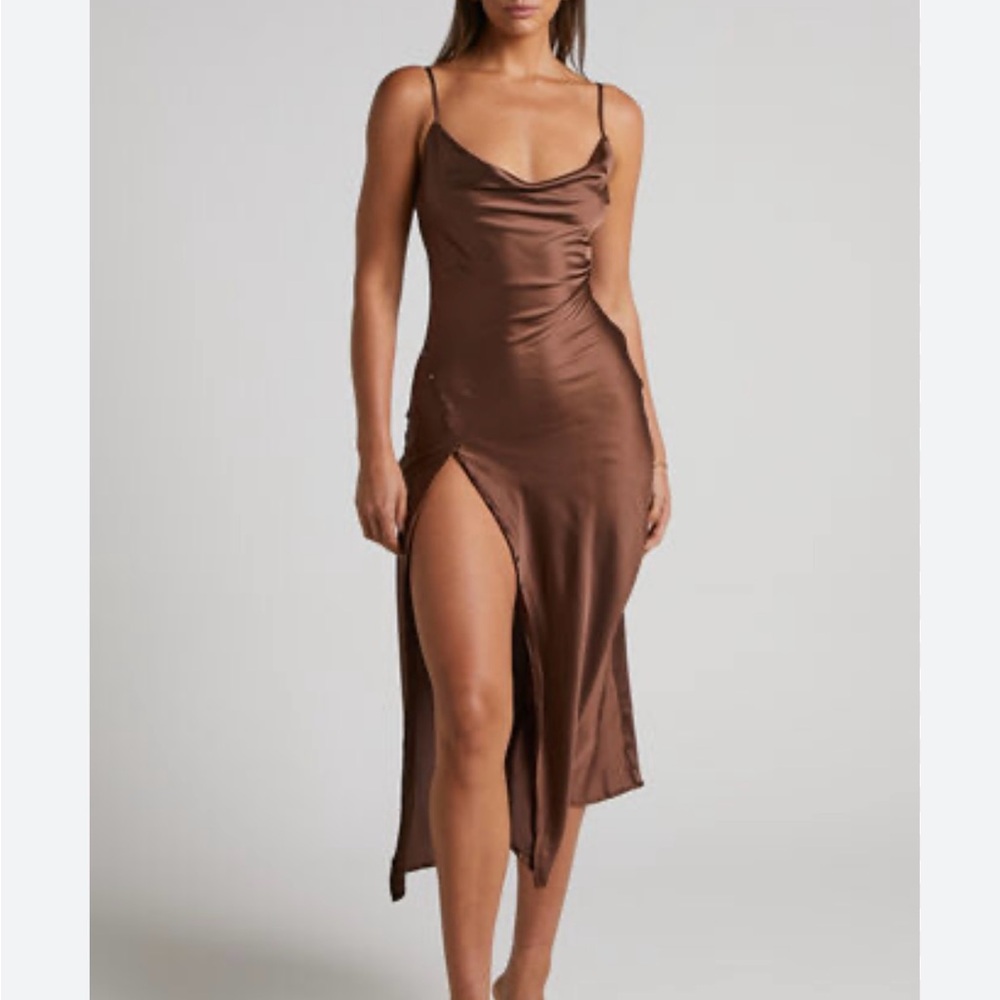 Showpo Brown Backless Satin Dress